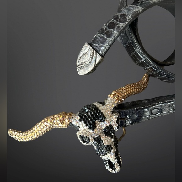 Vintage 80s sequins longhorn bull brass belt buckle by Baron alligator leather - Picture 6 of 8